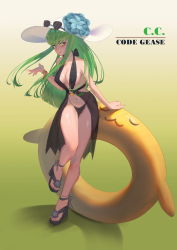 Rule 34 | 1girl, bad id, bad pixiv id, bare arms, bare shoulders, bikini, black bikini, black dress, black footwear, blush, bracelet, breasts, c.c., character name, cleavage, code geass, commentary, copyright name, dress, gradient background, green background, green hair, hat, highres, innertube, jewelry, jmao, large breasts, large hat, long hair, looking at viewer, navel, o-ring, revealing clothes, sandals, scar, simple background, smile, solo, sun hat, sunglasses, swim ring, swimsuit, unworn eyewear, white hat, yellow eyes
