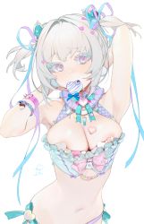 Rule 34 | 1girl, areola slip, armpits, arms behind head, breasts, green hair, grey hair, hair intakes, hair ornament, hair ribbon, heart, heart hair ornament, highres, looking at viewer, medium breasts, mouth hold, navel, ohisashiburi, original, ribbon, simple background, solo, upper body, white background