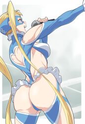 Rule 34 | 1girl, ass, back cutout, blonde hair, blue eyes, blue leotard, breasts, clothing cutout, commentary request, hair pulled back, heart cutout, holding, holding microphone, ichimat77760628, large breasts, leotard, long hair, mask, microphone, open mouth, rainbow mika, shoulder cutout, smile, solo, street fighter, street fighter v, street fighter zero (series), thick thighs, thighs, twintails, wrestling outfit