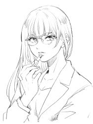 Rule 34 | 1girl, applying makeup, bad id, bad twitter id, breasts, cleavage, commentary request, cosmetics, fingernails, glasses, greyscale, hand up, highres, holding, jacket, lipstick tube, long hair, looking at viewer, monochrome, nikaidou kou, original, parted lips, shirt, simple background, sketch, solo, upper body, white background