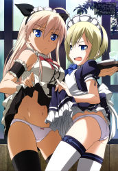 Rule 34 | 2girls, absurdres, ahoge, annoyed, armpits, ass, black legwear, blonde hair, blue eyes, blush, bow, bow legwear, bow panties, brave witches, butt crack, clothes lift, erica hartmann, glass, hanna-justina marseille, highres, long hair, maid, mc axis, multiple girls, navel, official art, panties, plant, short hair, skirt, skirt lift, strike witches, thighhighs, tray, underwear, water, white legwear, white panties, window, witches of africa, world witches series, yamamoto shuuhei