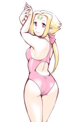 Rule 34 | 1girl, ass, blonde hair, breasts, competition swimsuit, facial mark, fiona (zoids), forehead mark, from behind, long hair, looking back, one-piece swimsuit, pink eyes, ponytail, smile, solo, swimsuit, ueyama michirou, zoids, zoids chaotic century