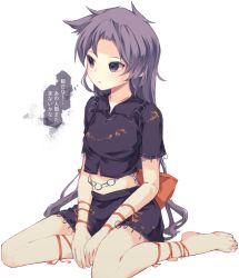 Rule 34 | 1girl, absurdres, breasts, commentary request, crop top, highres, himemushi momoyo, jewelry, joou heika (precare deum), long hair, looking away, medium breasts, midriff, parted lips, purple eyes, purple hair, purple shirt, purple skirt, ring, shirt, simple background, sitting, skirt, solo, touhou, translated, very long hair, wariza, white background