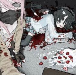 Rule 34 | 2girls, axe, black eyes, black hair, bleeding, blood, blood from mouth, blood on clothes, cake, candle, death, food, fruit, highres, holding, holding axe, knife, long hair, mask, mouth mask, multiple girls, murder, original, pink hair, pool of blood, ppj705904378810, selfie, short hair, sketch, stab, strawberry, sweater, thighhighs