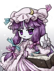 Rule 34 | 1257mythos (1257kagome), 1girl, blunt bangs, book, cowboy shot, dress, frilled shirt collar, frills, gradient background, grey background, hat, highres, long hair, long sleeves, mob cap, open book, patchouli knowledge, pink dress, pink hat, purple eyes, purple hair, simple background, solo, striped clothes, striped dress, touhou, vertical-striped clothes, vertical-striped dress, white background