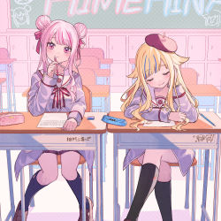 Rule 34 | 2girls, alternate costume, arm rest, beret, black socks, blonde hair, blue hair, blush, bow, bowtie, braid, braided bun, breasts, brown footwear, carrot print, chair, chalkboard, classroom, closed eyes, closed mouth, crossed legs, desk, double bun, elbow rest, eraser, feet out of frame, food print, hair bun, hair flaps, hair ribbon, hand on own cheek, hand on own face, hand up, hat, head rest, highres, himehina channel, holding, holding pen, indoors, knees together feet apart, long hair, long sleeves, looking at viewer, multicolored hair, multiple girls, non-web source, official art, paper, pen, pencil case, pink eyes, pink hair, red bow, red headwear, red ribbon, ribbon, school desk, school uniform, shoes, shugao, sidelocks, sitting, smile, socks, streaked hair, suzuki hina, tanaka hime, two-tone bowtie, two-tone hair, virtual youtuber, white bow