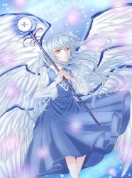 Rule 34 | 1girl, angel, angel wings, bare legs, blue dress, blue hair, breasts, collared shirt, commentary request, dress, feathered wings, highres, holding, holding wand, lazuli, light blue hair, long dress, long hair, long sleeves, messy hair, multiple wings, pale skin, parted lips, red eyes, sariel (touhou), seraph, shirt, small breasts, touhou, touhou (pc-98), very long hair, wand, white shirt, white wings, wings
