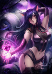 Rule 34 | 1girl, ahri (league of legends), animal ears, axsen, black hair, breasts, facial mark, fox ears, fox girl, fox tail, garter straps, highres, league of legends, lingerie, lips, long hair, midriff, multiple tails, navel, pinup (style), slit pupils, tail, thighhighs, underwear, whisker markings, yellow eyes