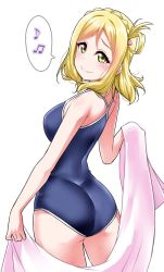 Rule 34 | 1girl, ass, blonde hair, blue one-piece swimsuit, blush, braid, breasts, commentary request, competition school swimsuit, crown braid, from behind, hair ornament, hair rings, heart, heart hair ornament, holding, holding towel, looking at viewer, looking back, love live!, love live! sunshine!!, medium breasts, medium hair, musical note, ohara mari, one-piece swimsuit, school swimsuit, simple background, smile, solo, spoken musical note, swimsuit, towel, white background, yellow eyes, yopparai oni