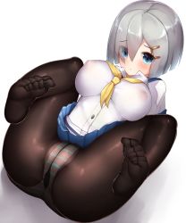 Rule 34 | 10s, 1girl, aqua panties, black pantyhose, blue eyes, blue skirt, blush, boruhis, breasts, covered erect nipples, eyebrows, eyes visible through hair, feet, grey hair, hair between eyes, hair ornament, hairclip, hamakaze (kancolle), hands on own chest, kantai collection, large breasts, lying, neckerchief, no bra, no shoes, on back, panties, panties under pantyhose, pantyhose, pleated skirt, school uniform, serafuku, shadow, short hair, simple background, skirt, soles, solo, spread legs, striped clothes, striped panties, toe scrunch, toes, underwear, white background, yellow neckerchief