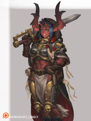 Rule 34 | 1girl, abs, armor, belt, black hair, book, chaos (warhammer), colored skin, demon girl, demon horns, gloves, green eyes, hand on own hip, highres, holding, holding sword, holding weapon, hood, horns, inquisition (warhammer), loincloth, muscular, muscular female, purity seal, red skin, scroll, sgt lonely, skull, solo, sword, teeth, warhammer 40k, weapon