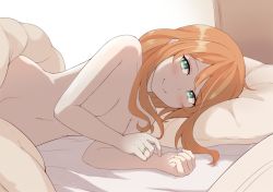 Rule 34 | 1girl, bed, blush, closed mouth, completely nude, from side, girls&#039; frontline, green eyes, jalm, jewelry, looking at viewer, lying, nude, on back, on bed, on side, orange hair, ornate ring, pillow, pov across bed, ring, smile, solo, springfield (girls&#039; frontline), wedding ring