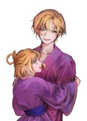 Rule 34 | 2girls, akatsuki no yona, bad id, bad twitter id, belt, blonde hair, blue eyes, commentary request, earrings, highres, hug, japanese clothes, jewelry, kimono, korean commentary, kouren (akatsuki no yona), looking at viewer, looking to the side, multiple girls, profile, purple kimono, short hair, sidelocks, simple background, smile, tao (akatsuki no yona), upper body, white background, yona hyeon