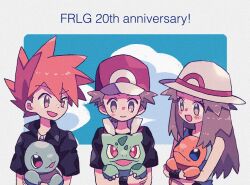 Rule 34 | 1girl, 2boys, animal, animal hug, anniversary, baseball cap, black shirt, black wristband, blue eyes, blue oak, blue shirt, blush stickers, brown eyes, brown hair, bulbasaur, charmander, collared shirt, commentary, copyright name, creatures (company), day, english text, fang, game freak, gen 1 pokemon, hands up, hat, high collar, highres, holding, holding pokemon, jacket, jewelry, leaf (pokemon), light smile, long hair, looking at another, looking down, looking up, mgomurainu, multiple boys, necklace, nintendo, open mouth, orange hair, outdoors, pendant, pokemon, pokemon (creature), pokemon frlg, red (pokemon), red eyes, red headwear, shirt, short hair, short sleeves, sleeveless, sleeveless shirt, smile, spiked hair, squirtle, sun hat, turtle, upper body, white headwear
