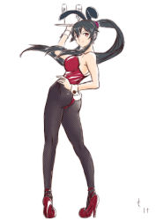 Rule 34 | 1girl, animal ears, ass, bare shoulders, black hair, bow, bowtie, breasts, brown eyes, cleavage, covered navel, cup, detached collar, drinking glass, fake animal ears, fishnet pantyhose, fishnets, from behind, full body, glass, hand on own hip, high heels, high ponytail, kantai collection, leotard, long hair, looking at viewer, looking back, medium breasts, moke ro, no bra, pantyhose, playboy bunny, rabbit ears, rabbit tail, red leotard, sidelocks, smile, solo, standing, strapless, strapless leotard, tail, tray, very long hair, white background, wine glass, wrist cuffs, yahagi (kancolle)