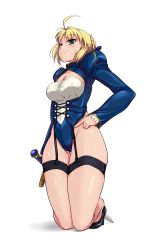 Rule 34 | 1girl, artoria pendragon (all), artoria pendragon (fate), blonde hair, blush, covered erect nipples, fate/stay night, fate (series), full body, garter straps, haruhisky, highres, kneeling, saber (fate), solo, sweatdrop, sword, thigh strap, weapon