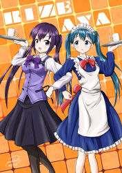 Rule 34 | 2girls, :d, :o, apron, black legwear, black skirt, blue dress, blue eyes, blue hair, breasts, buttons, character name, collared shirt, commentary request, crossover, cup, dated, dress, frilled dress, frills, gochuumon wa usagi desu ka?, hair ornament, hairclip, highres, holding, holding tray, kin-iro mosaic, komichi aya, locked arms, long hair, long sleeves, looking at viewer, maid, maid apron, maid headdress, mark2u, medium breasts, mug, multiple girls, open mouth, orange background, pantyhose, purple eyes, purple hair, purple neckwear, purple vest, rabbit house uniform, red neckwear, shirt, sidelocks, signature, skirt, small breasts, smile, standing, taneda risa, tedeza rize, tray, twintails, vest, voice actor connection, white apron, white legwear, white shirt, wing collar