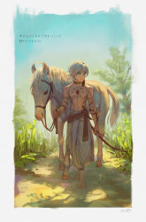 Rule 34 | 1boy, aged down, alternate costume, animal, barefoot, blue eyes, child, closed mouth, collar, earrings, egawa akira, expressionless, fate/apocrypha, fate/grand order, fate (series), full body, gem, hair between eyes, highres, horse, indian clothes, indian style, jewelry, karna (fate), looking to the side, male focus, pale skin, simple background, sitting, solo, topless male, white hair, white horse