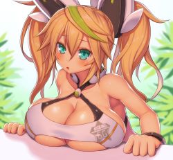 Rule 34 | 1girl, :o, aqua eyes, asamura hiori, bare shoulders, blonde hair, breast rest, breasts, cleavage, gene (pso2), highres, huge breasts, long hair, looking at viewer, parted lips, phantasy star, phantasy star online 2, solo, twintails