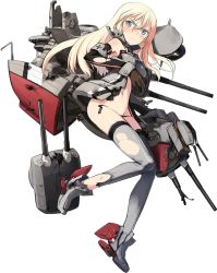 Rule 34 | 1girl, armband, bismarck (kancolle), bismarck zwei (kancolle), blonde hair, blush, boots, breasts, brown gloves, cannon, defeat, detached sleeves, full body, gloves, grey eyes, grey footwear, grey thighhighs, hat, unworn hat, unworn headwear, kantai collection, long hair, mecha musume, medium breasts, official art, open mouth, peaked cap, shimada fumikane, solo, thighhighs, torn clothes, torn thighhighs, transparent background