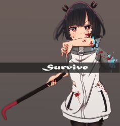 Rule 34 | 1girl, absurdres, black hair, black pantyhose, blood, blood on clothes, blood on face, blood splatter, blurry, blurry background, brown background, closed mouth, commentary request, cowboy shot, crowbar, depth of field, english text, highres, holding, holding crowbar, jacket, jitomi monoe, kirin (kirin1023), long sleeves, looking at viewer, magnet, mouth hold, nail polish, pantyhose, red eyes, red nails, severed limb, smile, solo, v-shaped eyebrows, virtual youtuber, voms, white jacket, zipper pull tab