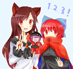 Rule 34 | 3girls, :d, ^ ^, animal ears, arm up, bad id, bad pixiv id, blue background, bow, bowl, brown hair, capelet, closed eyes, counting, covered mouth, fang, fingernails, frilled sleeves, frills, hair bow, imaizumi kagerou, japanese clothes, kimono, long fingernails, long hair, mini person, minigirl, multiple girls, nail polish, open mouth, puchimirin, purple hair, red eyes, red hair, red nails, sekibanki, short hair, smile, sukuna shinmyoumaru, touhou, wkyw9647 (artist), wolf ears