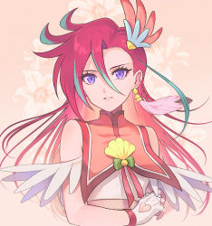 Rule 34 | 1girl, aqua hair, commentary request, crop top, cure flamingo, earrings, feather earrings, feathers, fingerless gloves, floral background, flower, gloves, hair between eyes, highres, jewelry, long hair, looking at viewer, magical girl, multicolored hair, parted lips, precure, purple eyes, red hair, solo, takizawa asuka, tropical-rouge! precure, two-tone hair, upper body, white gloves, yuzu sato