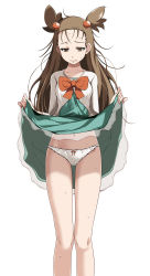 Rule 34 | 1girl, aqua dress, bow, bow panties, bowtie, breasts, brown eyes, brown hair, clenched teeth, closed mouth, clothes lift, collarbone, creatures (company), dress, dress lift, game freak, hair ornament, highres, humiliation, jasmine (pokemon), lifted by self, long hair, looking down, medium breasts, navel, nintendo, orange bow, orange bowtie, panties, pokemon, pokemon hgss, presenting, ribbon panties, see-through, short dress, simple background, skirt, skirt lift, solo, standing, sweat, sweatdrop, tearing up, tears, teeth, thigh gap, tsukishiro saika, two side up, underwear, white background, white panties
