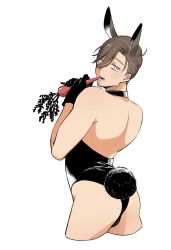 Rule 34 | 1boy, animal ears, ass, bare back, bishounen, black leotard, blush, brown hair, carrot, cropped legs, crossdressing, fake tail, fate/grand order, fate (series), food, from behind, hair between eyes, head tilt, highres, holding, holding food, itokon300, leotard, looking at viewer, male focus, male playboy bunny, rabbit boy, rabbit ears, rabbit tail, short hair, sideburns, solo, strapless, strapless leotard, sweatdrop, tail, thighs, white background, yamanami keisuke (fate)