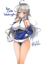 Rule 34 | 1girl, adapted costume, ahoge, bare shoulders, blue jacket, breasts, cowboy shot, grey eyes, grey hair, hair between eyes, hand in pocket, highres, jacket, kantai collection, kuga zankurou, large breasts, long hair, long sleeves, off shoulder, one-piece swimsuit, signature, simple background, solo, swimsuit, swimsuit under clothes, twitter username, washington (kancolle), white background