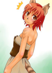 Rule 34 | ^^^, 00s, 1girl, animal ears, back, bare shoulders, brown eyes, cat ears, cat tail, child, final fantasy, final fantasy xi, gochou (kedama), looking back, mithra (ff11), short hair, solo, tail