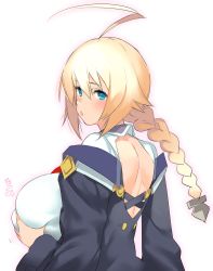 Rule 34 | 1girl, absurdres, ahoge, back, back cutout, blazblue, blonde hair, blue eyes, grabbing another&#039;s breast, breasts, clothing cutout, es (xblaze), grabbing, grabbing own breast, highres, large breasts, looking at viewer, looking back, solo