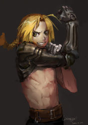 Rule 34 | 1boy, ahoge, automail, belt, blonde hair, braid, braided ponytail, dated, edward elric, fullmetal alchemist, gloves, lixiaoyao ii, long hair, male focus, mechanical arms, ponytail, prosthesis, short hair, single braid, single mechanical arm, smile, solo, topless male, yellow eyes