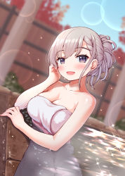 Rule 34 | 1girl, alternate hairstyle, asymmetrical bangs, bath, blurry, blurry background, blush, braid, braided bangs, breasts, cleavage, collarbone, dutch angle, earrings, grey hair, highres, hisakawa hayate, idolmaster, idolmaster cinderella girls, jewelry, kaishinshi, large breasts, lens flare, naked towel, ofuro, partially submerged, reflection, reflective water, smile, solo, sparkle, towel, water drop