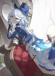 Rule 34 | 1girl, absurdres, ahoge, ascot, asymmetrical gloves, blue eyes, blue gemstone, blue hat, blue jacket, cup, curtains, dutch angle, eruthika, from side, furina (genshin impact), gem, genshin impact, gloves, grey hair, hair between eyes, half gloves, hand up, hat, head rest, head tilt, heterochromia, highres, indoors, jacket, kneeling, long hair, looking at viewer, looking back, mirror, mismatched gloves, mismatched pupils, multicolored hair, on chair, plant, shorts, smile, solo, teacup, teapot, top hat, white gloves, white shorts