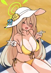 Rule 34 | 1girl, beach towel, bikini, blonde hair, blue archive, blush, breasts, breasts squeezed together, cleavage, closed eyes, double v, flower, hair between eyes, halo, hat, hat flower, highres, large breasts, long hair, mikaku (vbvpahw9), nonomi (blue archive), nonomi (swimsuit) (blue archive), open mouth, sand, side-tie bikini bottom, sitting, solo, sun hat, swimsuit, teeth, towel, upper teeth only, v, very long hair, white hat, yellow bikini, yellow flower