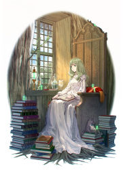 Rule 34 | 1girl, blue eyes, book, book stack, chair, day, dress, glass, highres, indoors, light brown hair, long hair, long sleeves, luce verde, pixiv fantasia, pixiv fantasia scepter of zeraldia, plant roots, quill, sankyou, sitting, solo, stuffed animal, stuffed toy, tree, white dress, window