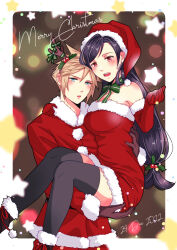 Rule 34 | 1boy, 1girl, antlers, babigonice, bare shoulders, black hair, black thighhighs, blonde hair, blue eyes, blush, boots, breasts, carrying, carrying person, christmas, cloud strife, couple, dated, dress, earrings, final fantasy, final fantasy vii, final fantasy vii remake, fur-trimmed boots, fur-trimmed dress, fur-trimmed gloves, fur-trimmed headwear, fur-trimmed jacket, fur trim, gloves, hair ornament, hat, hetero, highres, horns, jacket, jewelry, large breasts, light particles, long hair, looking at viewer, low-tied long hair, merry christmas, neck ribbon, open mouth, princess carry, red dress, red eyes, red gloves, red headwear, red jacket, reindeer antlers, ribbon, santa costume, santa dress, santa gloves, santa hat, single earring, spiked hair, star (symbol), swept bangs, thighhighs, tifa lockhart