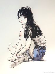 Rule 34 | 1girl, absurdres, bare legs, black hair, blush, chichi chichi, closed mouth, full body, hand on own foot, highres, long hair, looking at viewer, looking back, original, shirt, shorts, sitting, socks, solo, white shirt