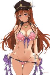 Rule 34 | 10s, 1girl, bad id, bad pixiv id, bangle, bikini, bikini pull, blush, bracelet, braid, breasts, brown hair, choker, cleavage, clothes pull, female focus, front-tie bikini top, front-tie top, granblue fantasy, hat, jewelry, large breasts, lecia (granblue fantasy), long hair, looking away, navel, necklace, orange hair, polka dot, polka dot bikini, polka dot swimsuit, purple eyes, simple background, solo, standing, swimsuit, takaharu, thigh gap, white background
