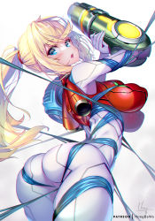 Rule 34 | 1girl, adapted costume, arm cannon, blonde hair, blue eyes, blue ribbon, bodysuit, breasts, deep skin, gradient background, grey background, hong (white spider), impossible clothes, large breasts, long hair, looking at viewer, metroid, metroid dread, nintendo, open mouth, pants, patreon username, ponytail, ribbon, samus aran, signature, solo, tight clothes, tight pants, weapon