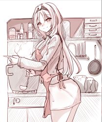 Rule 34 | 1girl, absurdres, an-94 (girls&#039; frontline), apron, commentary, cooking pot, english commentary, girls&#039; frontline, hairband, highres, holding, holding ladle, holding plate, kitchen, ladle, long hair, long sleeves, monochrome, pencil skirt, peroronti, plate, shirt, skirt, smile, solo, steam, turtleneck