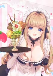 Rule 34 | 1girl, apron, blonde hair, blue eyes, breasts, chami (charming621), cherry, choker, cookie, dolphin wave, dress, elbow gloves, food, frilled apron, frills, fruit, gloves, hair intakes, heart-shaped cookie, highres, holding, holding tray, huge breasts, kirahoshi kanna, kiwi (fruit), kiwi slice, lace, lace choker, leaning forward, long hair, looking at viewer, maid, maid headdress, open mouth, parfait, pocky, ribbon, skindentation, smile, solo, tray, very long hair, whipped cream