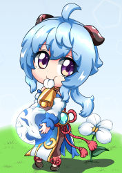 Rule 34 | 1girl, absurdres, aged down, atawatsho, bell, black pantyhose, blue hair, carrying, chibi, commentary request, detached sleeves, eating, eyes visible through hair, flower, full body, ganyu (genshin impact), genshin impact, grass, highres, horns, long hair, looking at viewer, neck bell, orb, pantyhose, petals, purple eyes, sidelocks, solo, vision (genshin impact)