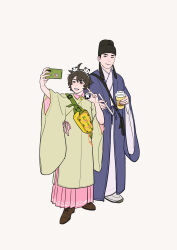 Rule 34 | 1boy, 1girl, absurdres, bag, black hair, blush, boots, brown footwear, brown hair, cellphone, chinese clothes, cup, disposable cup, doll, duijin ruqun, full body, futou, grin, hanfu, hanshi reina, hat, highres, holding, holding cup, holding phone, jiaoling ruqun, long sleeves, milk tea, original, panda, phone, selfie, short hair, shoulder bag, simple background, skirt, smartphone, smile, standing, taking picture, white background, wide sleeves
