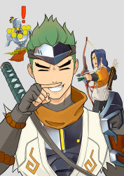Rule 34 | !, 3boys, absurdres, armor, arrow (projectile), blue hair, bow (weapon), brothers, closed eyes, closed mouth, fingerless gloves, genji (overwatch), gloves, green hair, grey background, grey gloves, grey headband, hair slicked back, hanzo (overwatch), headband, highres, holding, holding bow (weapon), holding weapon, katana, long hair, multiple boys, overwatch, pauldrons, pointing weapon, quiver, robot, shoulder armor, siblings, simple background, single pauldron, smile, sparkling eyes, sword, teeth, tongue, tongue out, torn, torn clothes, weapon, weapon on back, winterisland, zenyatta (overwatch)