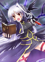 Rule 34 | 1girl, black wings, book, breasts, celtic cross, cross, diesel-turbo, facial mark, fingerless gloves, gloves, jacket, large breasts, long hair, lyrical nanoha, mahou shoujo lyrical nanoha, mahou shoujo lyrical nanoha a&#039;s, mahou shoujo lyrical nanoha the movie 2nd a&#039;s, multiple wings, open mouth, red eyes, reinforce, silver hair, single hair intake, skirt, solo, thigh strap, tome of the night sky, wings