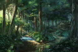 Rule 34 | c.z., flower, forest, forest of magic, house, leaf, mushroom, nature, no humans, outdoors, path, plant, puddle, road, scenery, toadstool, touhou, tree, water
