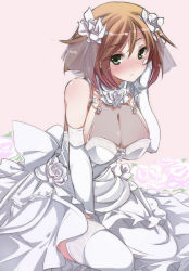 Rule 34 | 10s, 1girl, alternate costume, blush, breasts, bride, brown hair, cleavage, dress, elbow gloves, gloves, green eyes, kantai collection, large breasts, mutou kurihito, mutsu (kancolle), short hair, solo, thighhighs, wedding dress