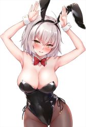 Rule 34 | 1girl, ahoge, animal ears, armpits, arms up, black leotard, blush, breasts, cleavage, covered navel, detached collar, fake animal ears, fate/grand order, fate (series), fishnet pantyhose, fishnets, jeanne d&#039;arc (fate), jeanne d&#039;arc alter (avenger) (fate), jeanne d&#039;arc alter (fate), large breasts, leotard, looking at viewer, marisasu (marisa0904), pantyhose, playboy bunny, rabbit ears, rabbit pose, revision, short hair, silver hair, simple background, solo, strapless, strapless leotard, thighs, white background, wrist cuffs, yellow eyes